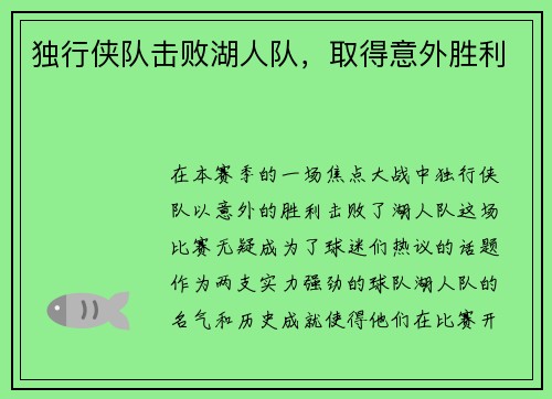 独行侠队击败湖人队，取得意外胜利