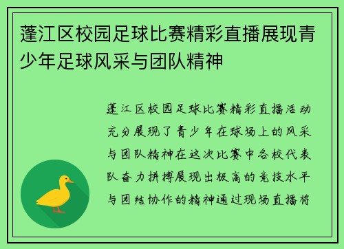 蓬江区校园足球比赛精彩直播展现青少年足球风采与团队精神