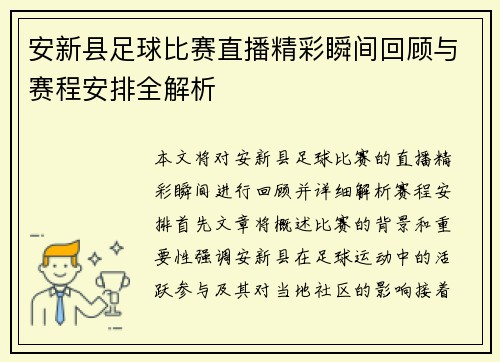 安新县足球比赛直播精彩瞬间回顾与赛程安排全解析
